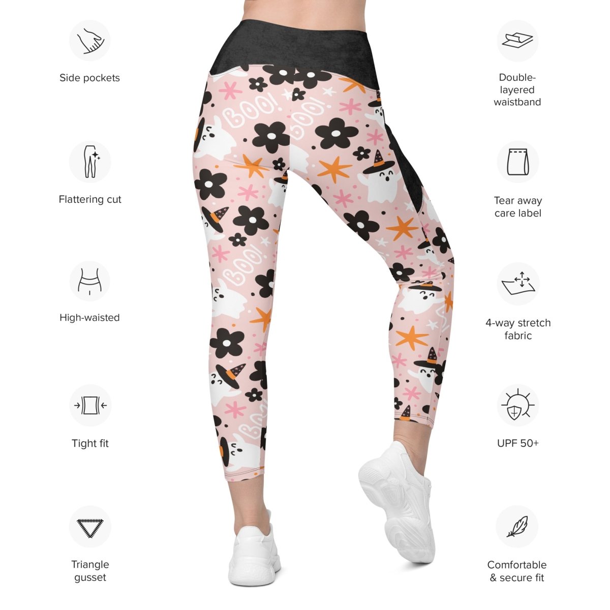Leggings with halloween pattern on a white background with feature icons.