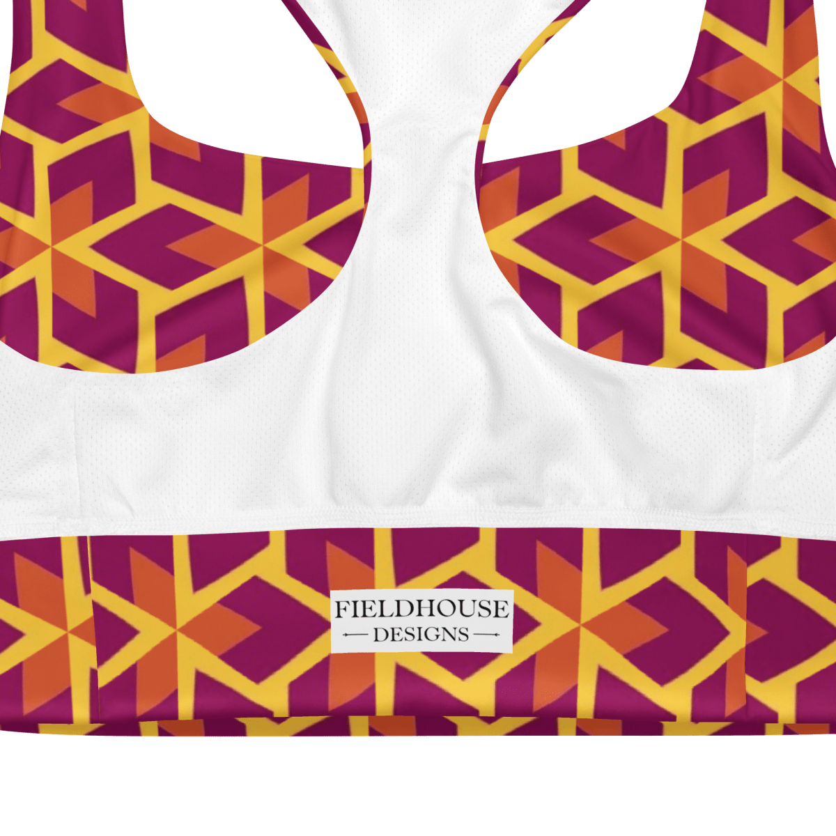 sports bra with geometric pattern and 'Fieldhouse Designs' label