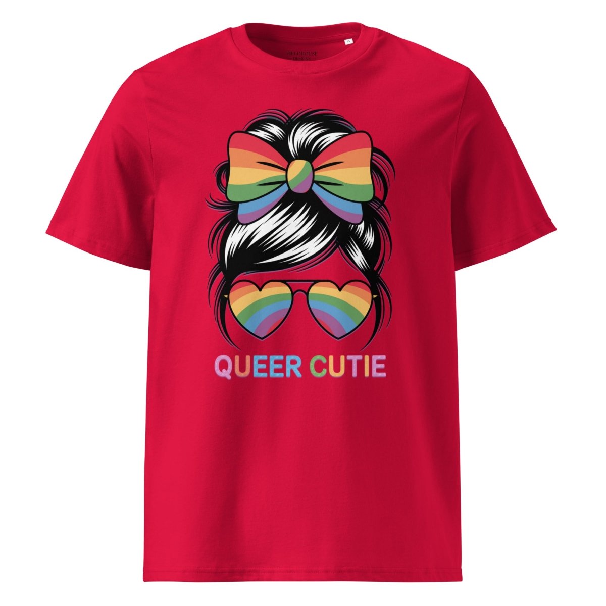 Red t-shirt with a colorful graphic and 'QUEER CUTIE' text on a white background
