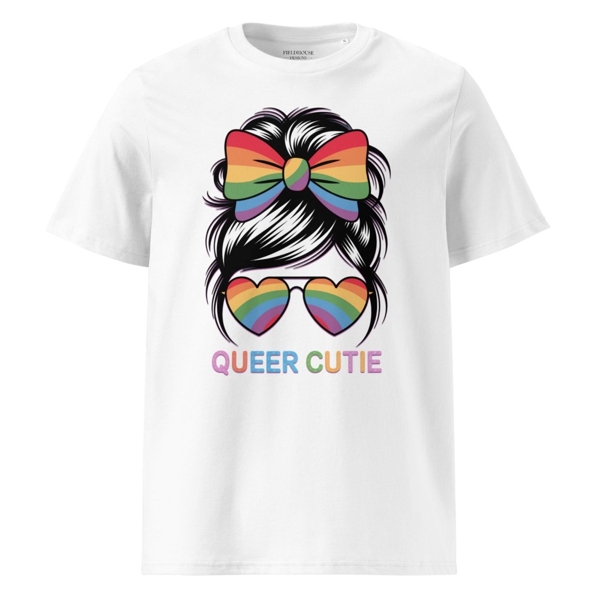 White t-shirt with rainbow bow, sunglasses, and 'Queer Cutie' text on a white background
