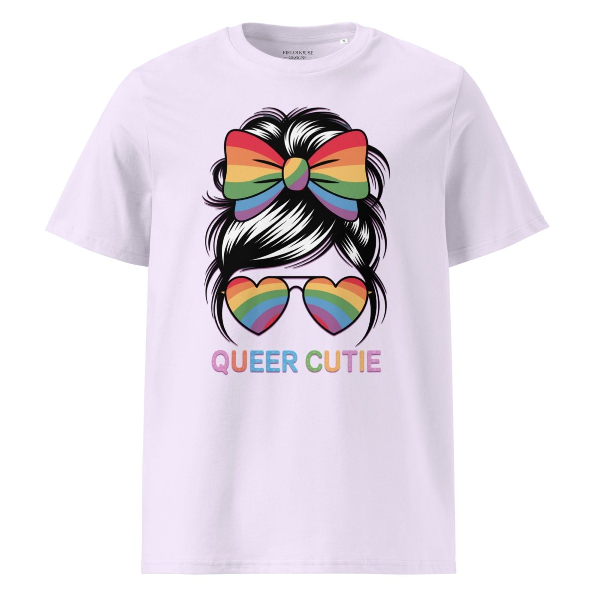 lavender t-shirt with rainbow bow, sunglasses, and 'QUEER CUTIE' text on a white background