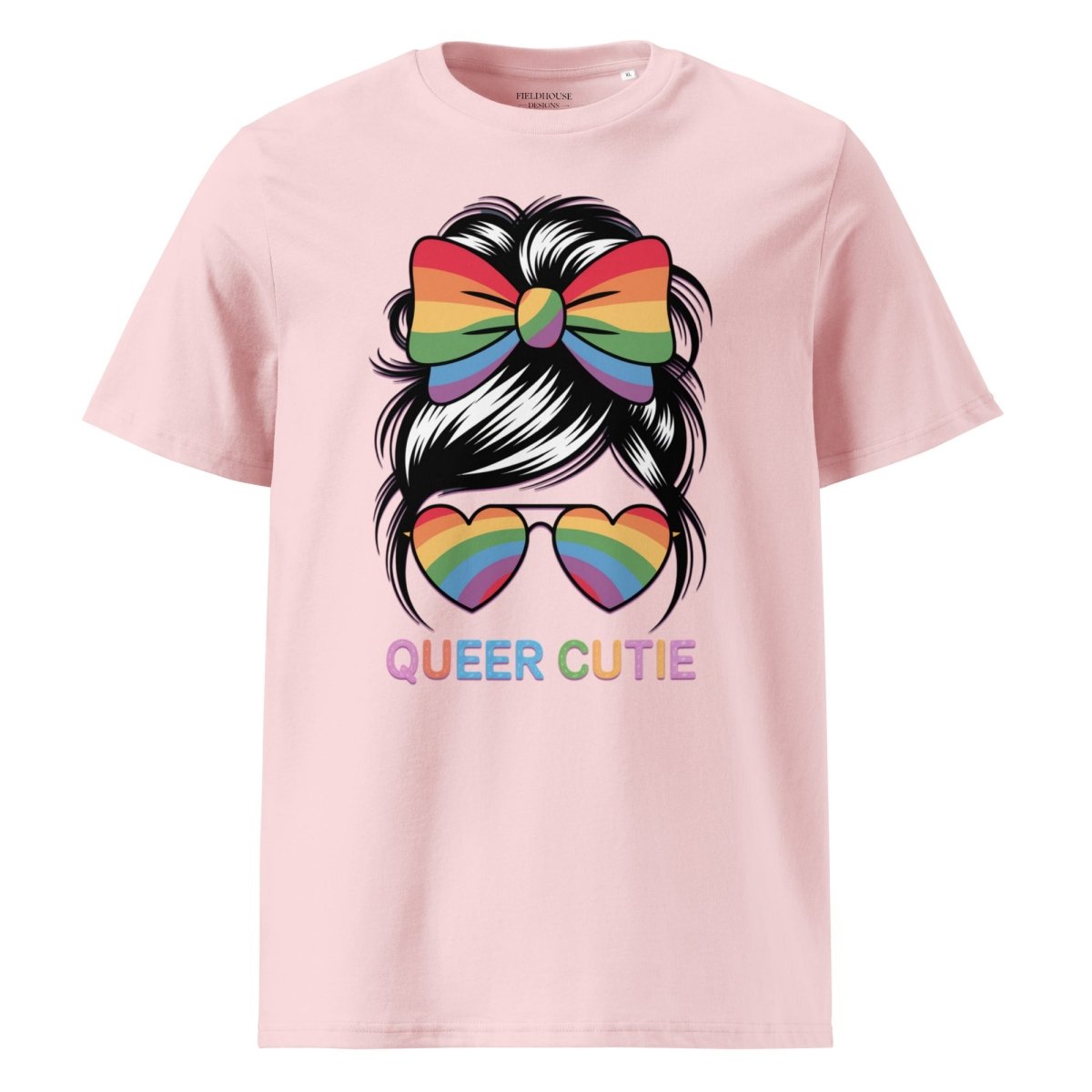 Pink t-shirt with rainbow bow, sunglasses, and 'Queer Cutie' text on a white background