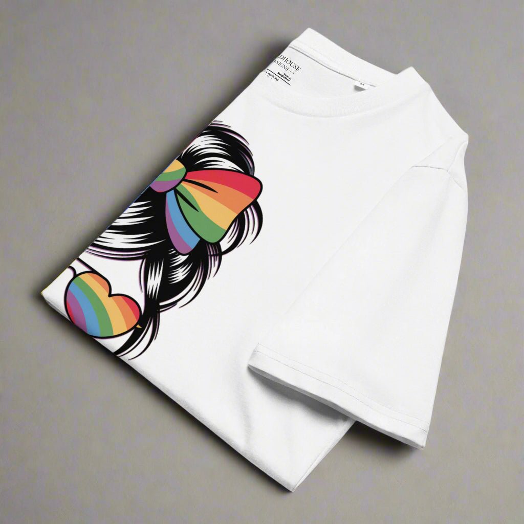 White tee with a colorful queer design on a white background