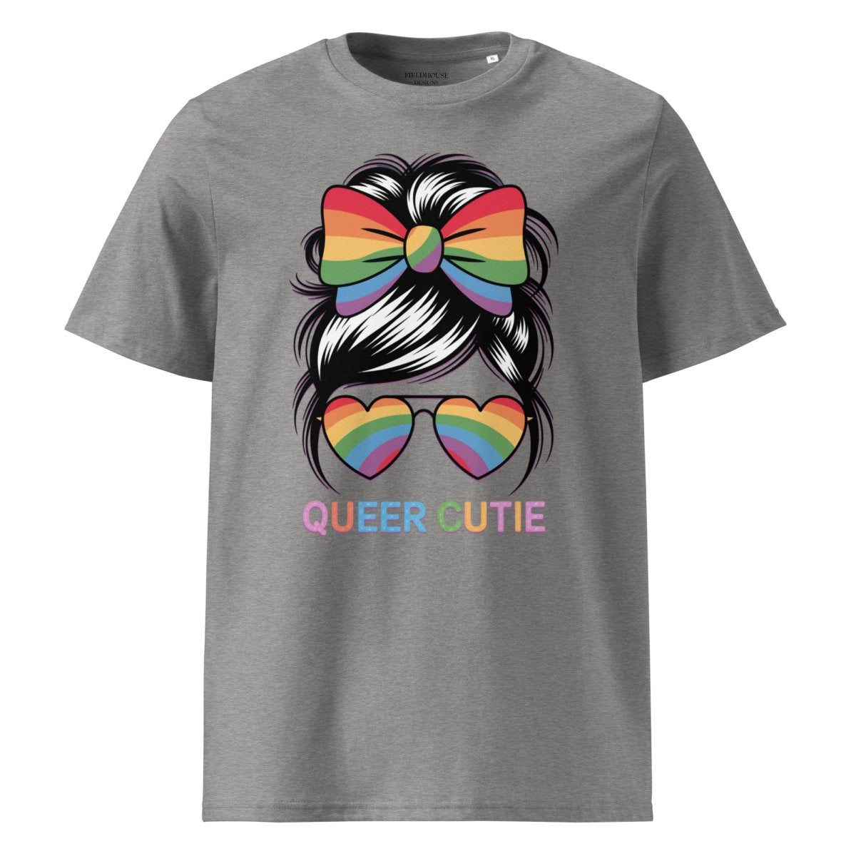 Gray t-shirt with rainbow bow, heart sunglasses, and 'Queer Cutie' text on a white background