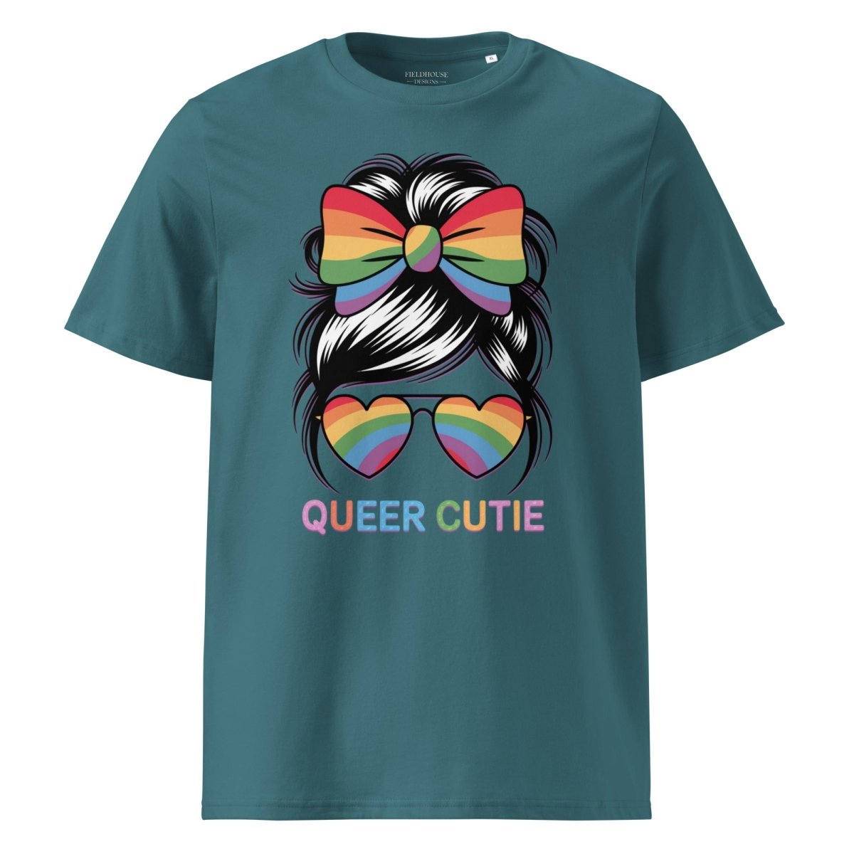 Teal t-shirt with a graphic of a rainbow bow, heart-shaped sunglasses, and 'QUEER CUTIE' text on a white background.