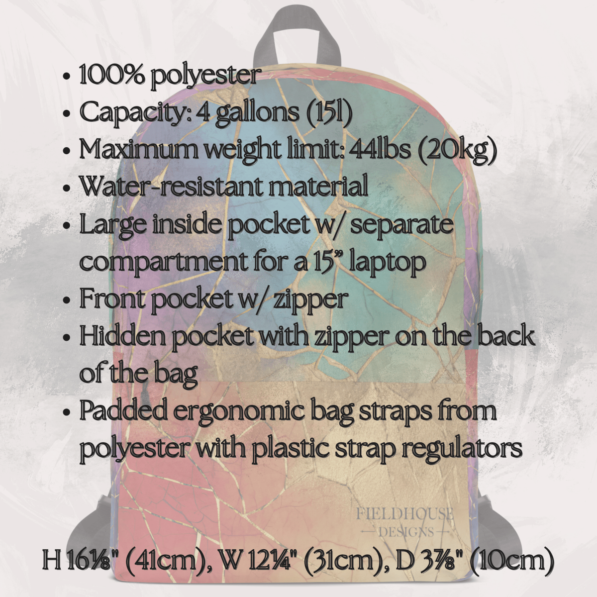 Backpack with colorful design and text detailing its features on a light gray background