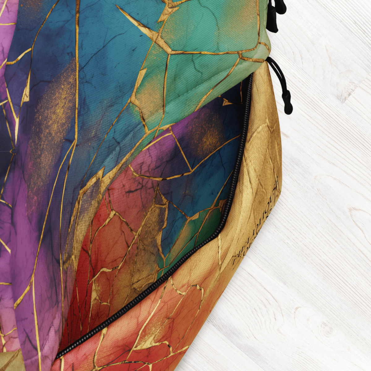 Colorful fabric with gold crackle patterns on a white background