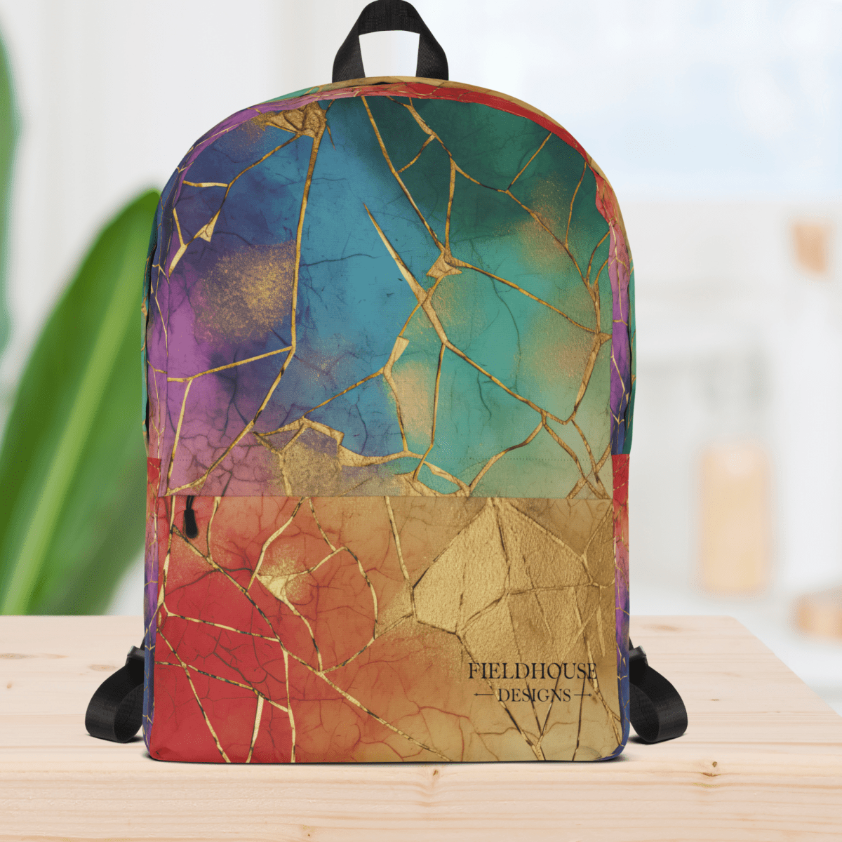 Backpack with colorful, cracked pattern on a wooden surface