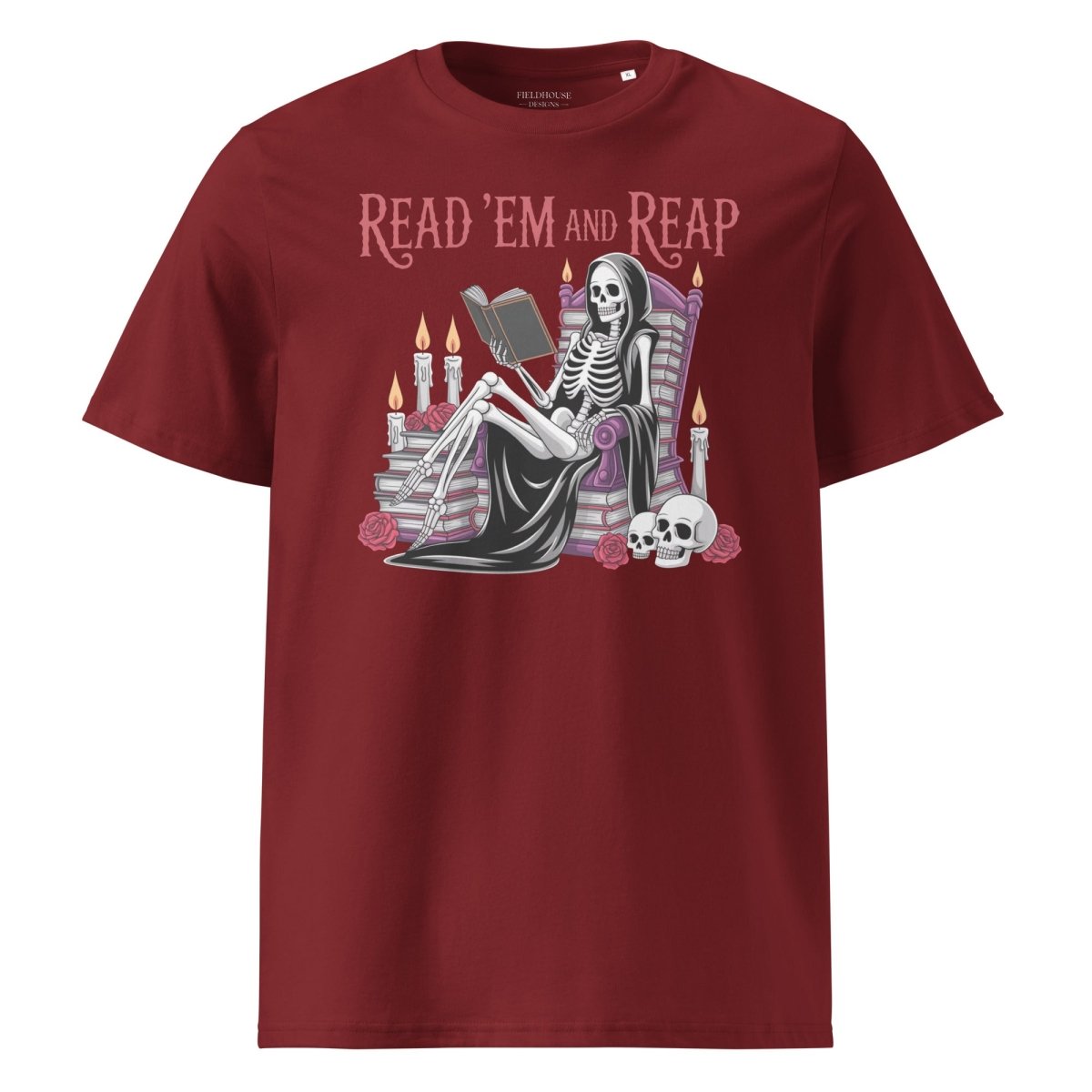 Maroon t-shirt with skeleton reading a book graphic and 'Read 'Em and Reap' text on a white background