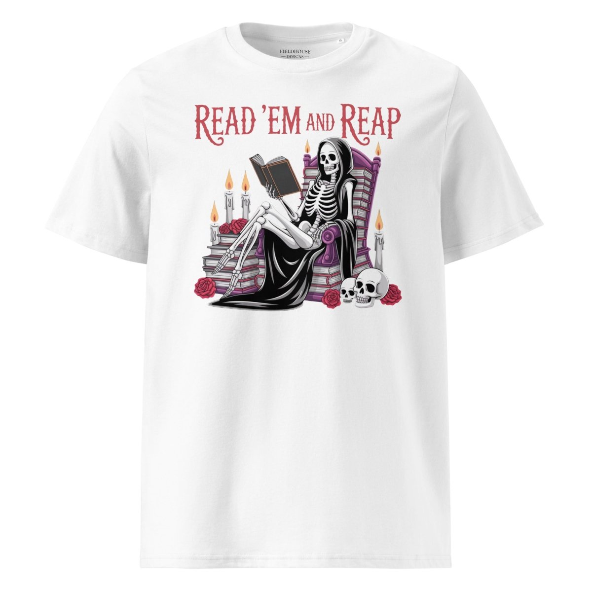 White t-shirt with skeleton reading a book graphic and 'Read 'Em and Reap' text on a white background