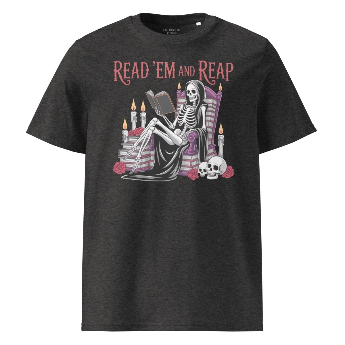 Black t-shirt with skeleton reading a book graphic and 'Read 'Em and Reap' text on a white background
