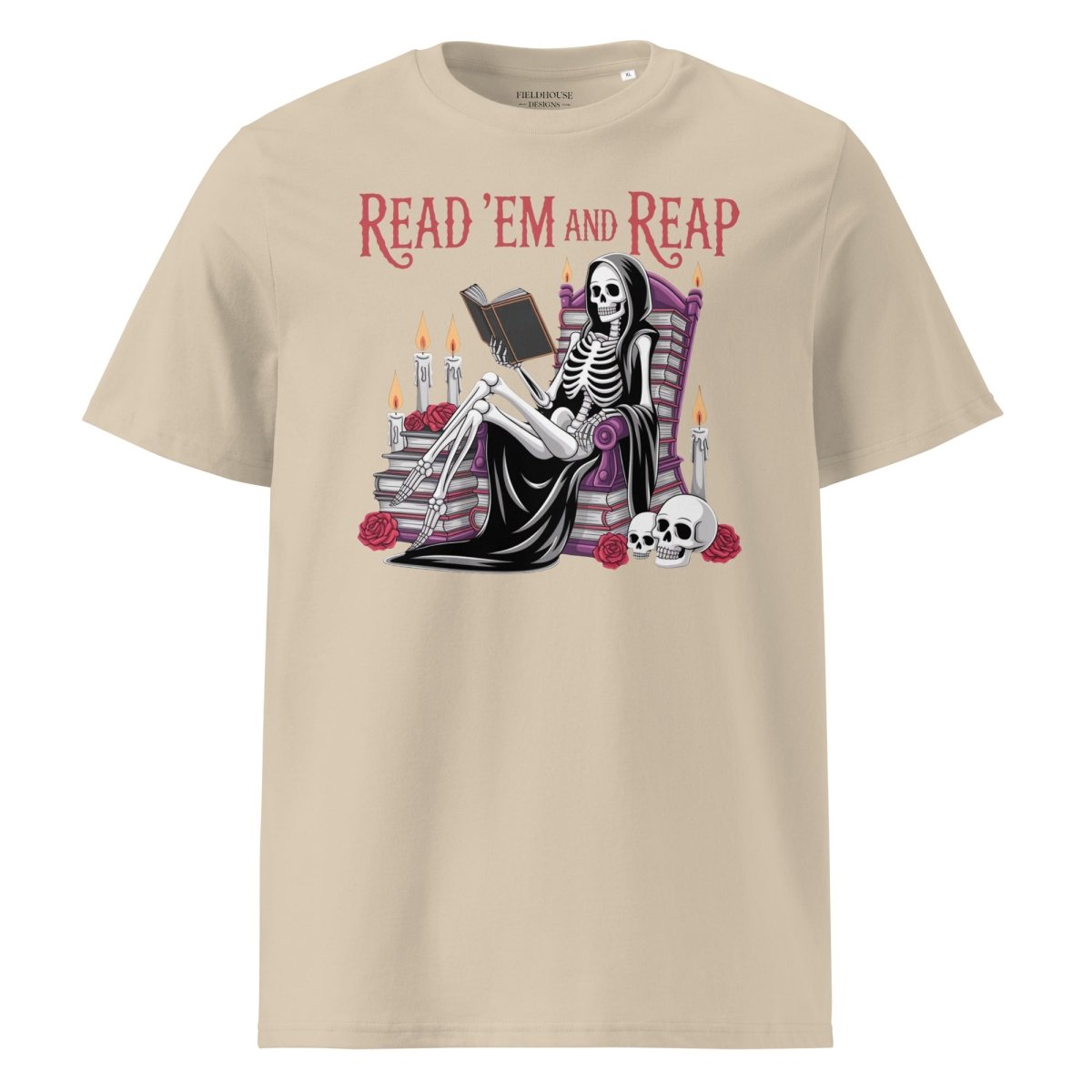 Beige t-shirt with skeleton reading a book graphic and 'Read 'Em and Reap' text on a white background