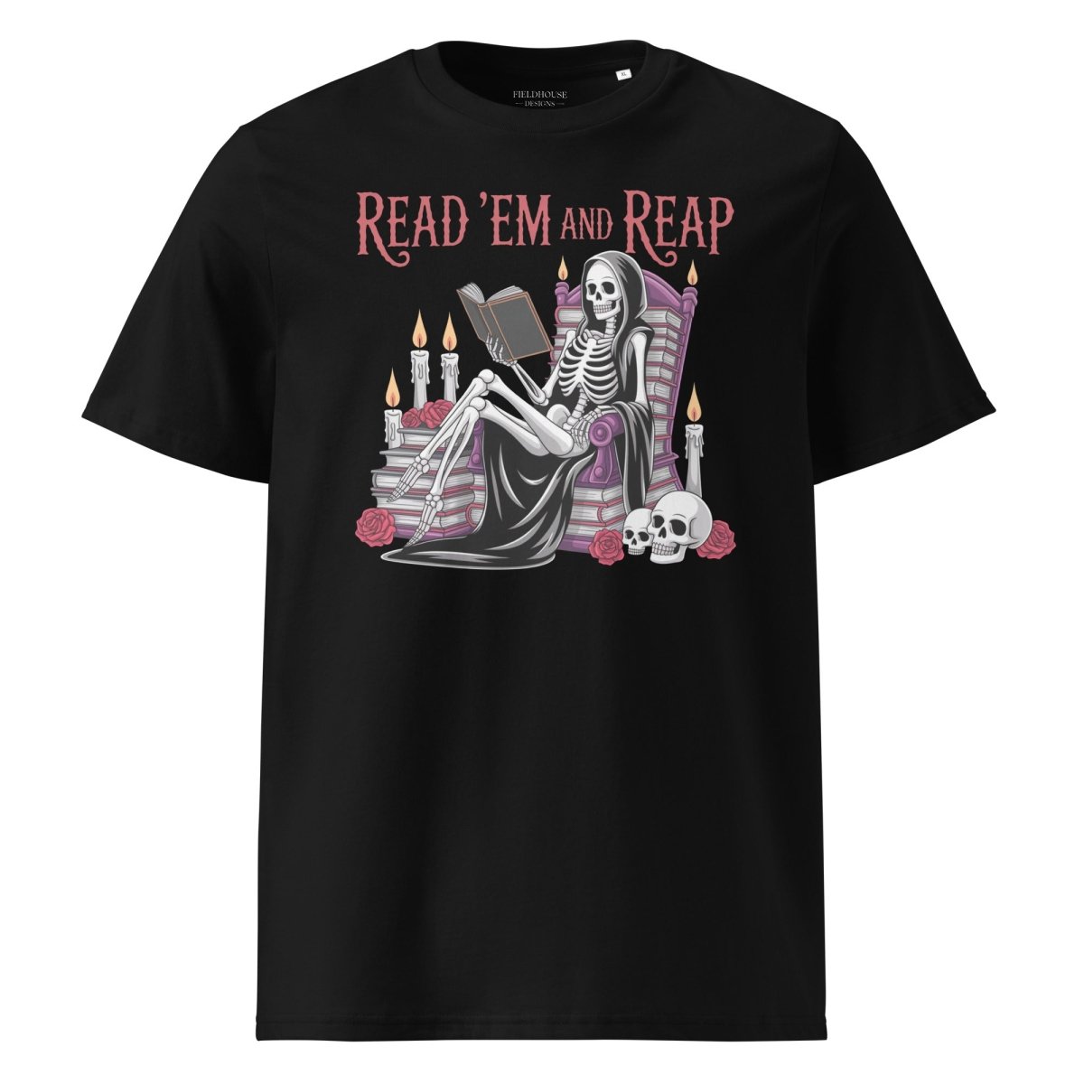 Black t-shirt with skeleton reading a book graphic and 'Read 'Em and Reap' text on a white background