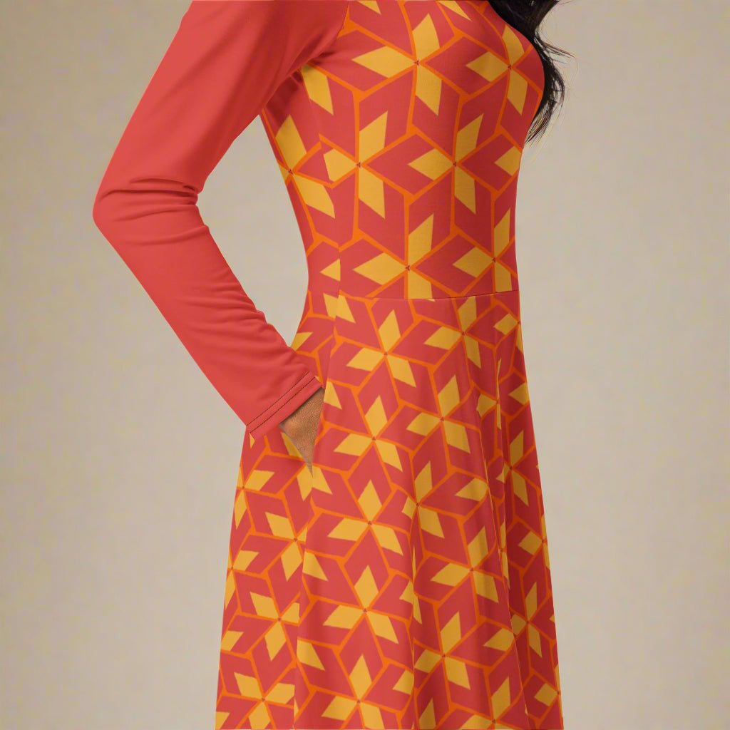 Red dress with geometric pattern on a beige background