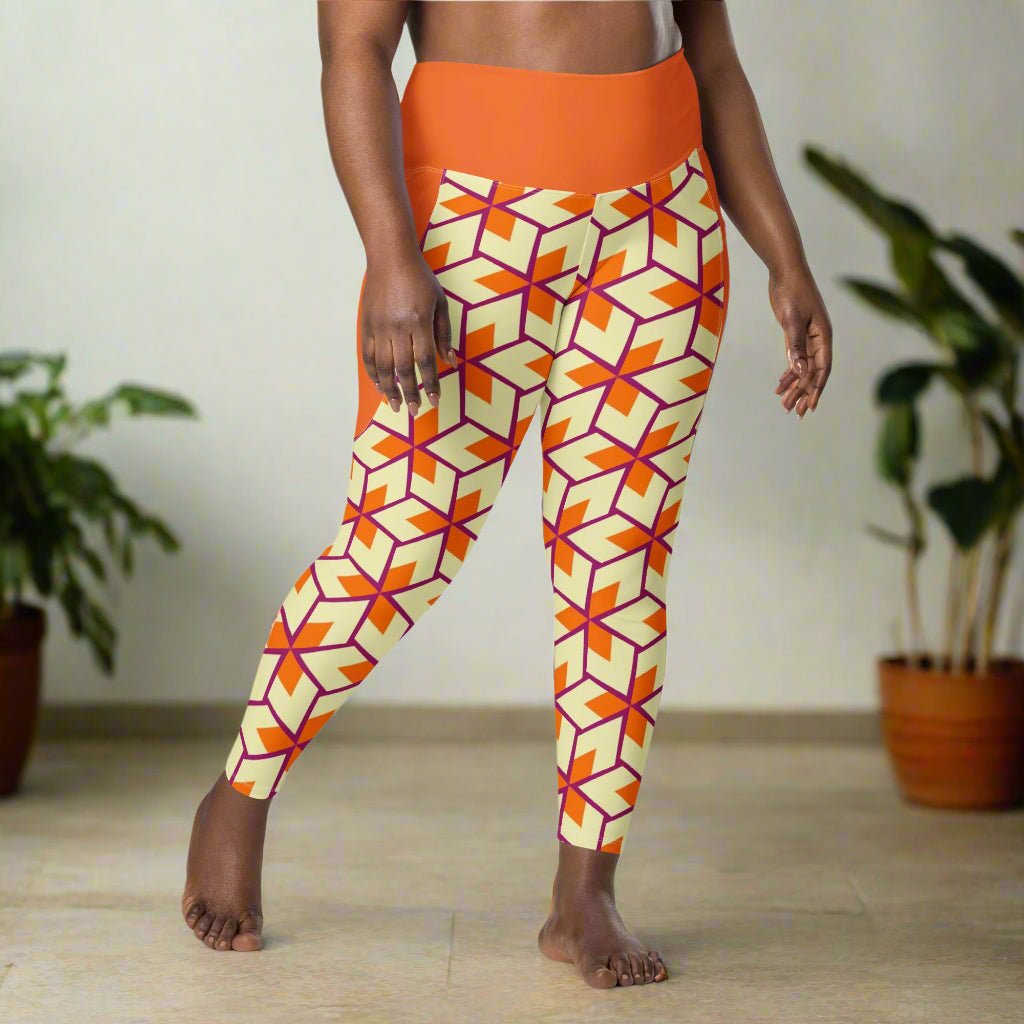 model wearing Orange Retro Geometric High-Waisted UPF 50+ Pocket Leggings 2XS–6XL | Dopamine Dressing Recycled Yoga Pants | Moisture Wicking Compression