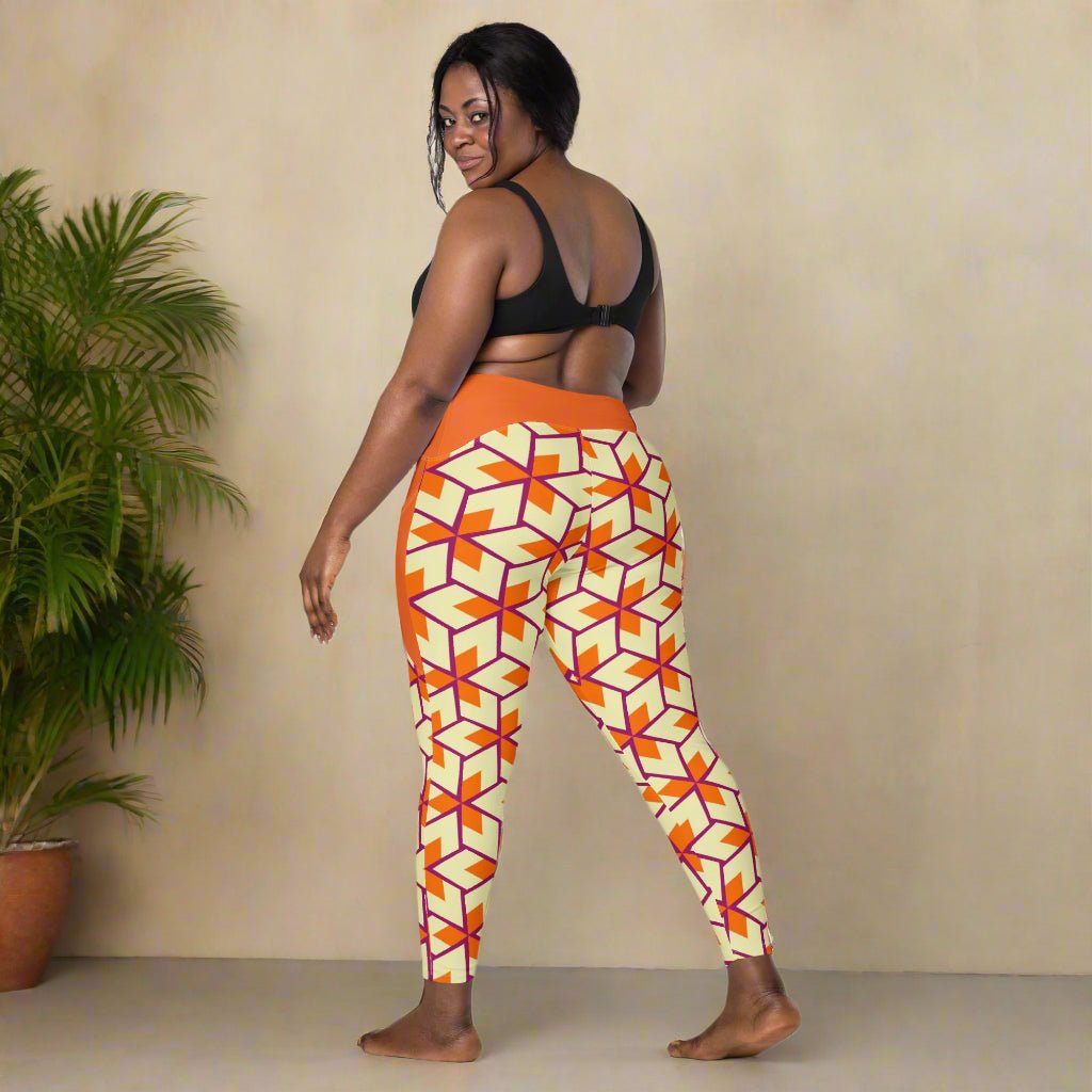 rear facing model wearing Orange Retro Geometric High-Waisted UPF 50+ Pocket Leggings 2XS–6XL | Dopamine Dressing Recycled Yoga Pants | Moisture Wicking Compression
