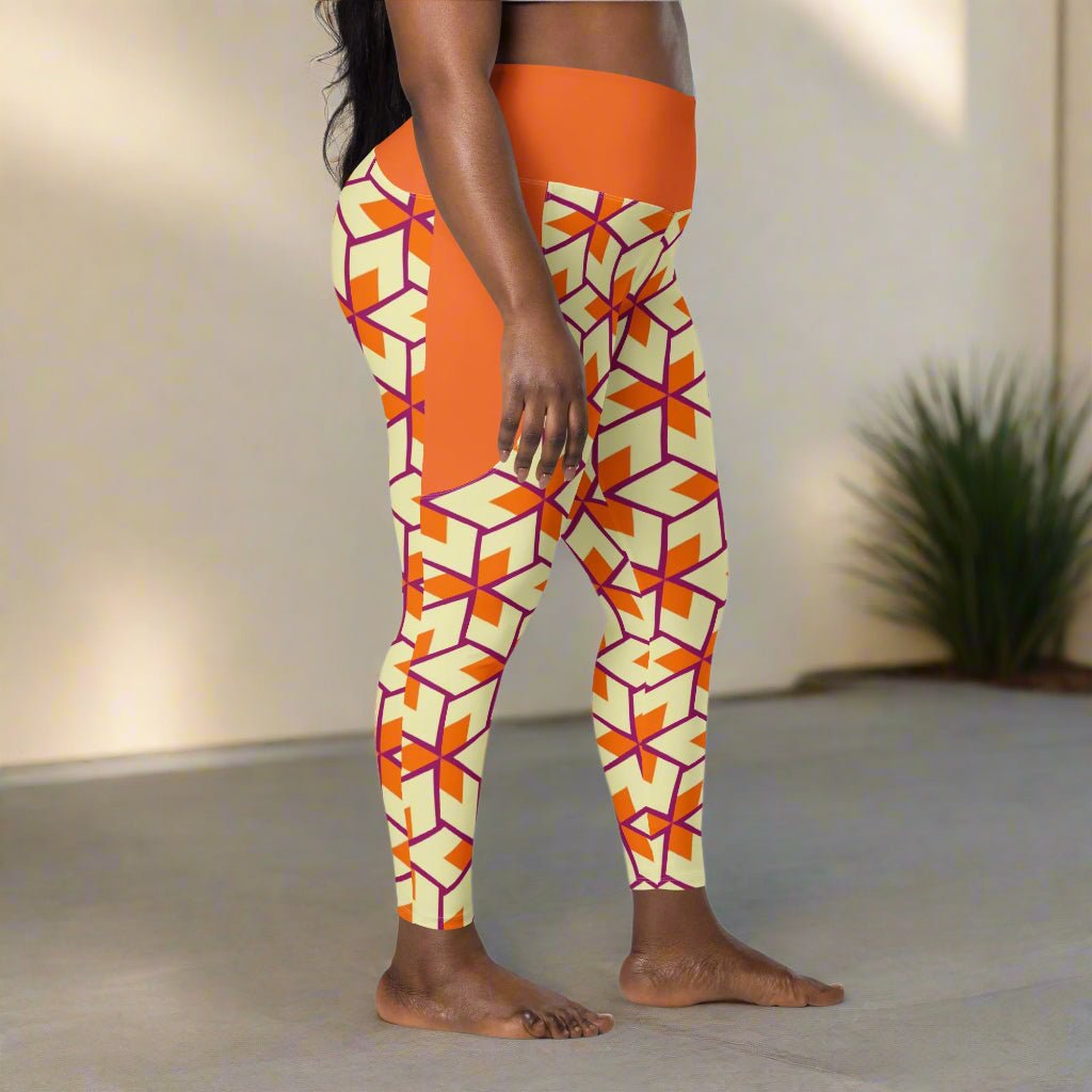 model facing the side while wearing Orange Retro Geometric High-Waisted UPF 50+ Pocket Leggings 2XS–6XL | Dopamine Dressing Recycled Yoga Pants | Moisture Wicking Compression