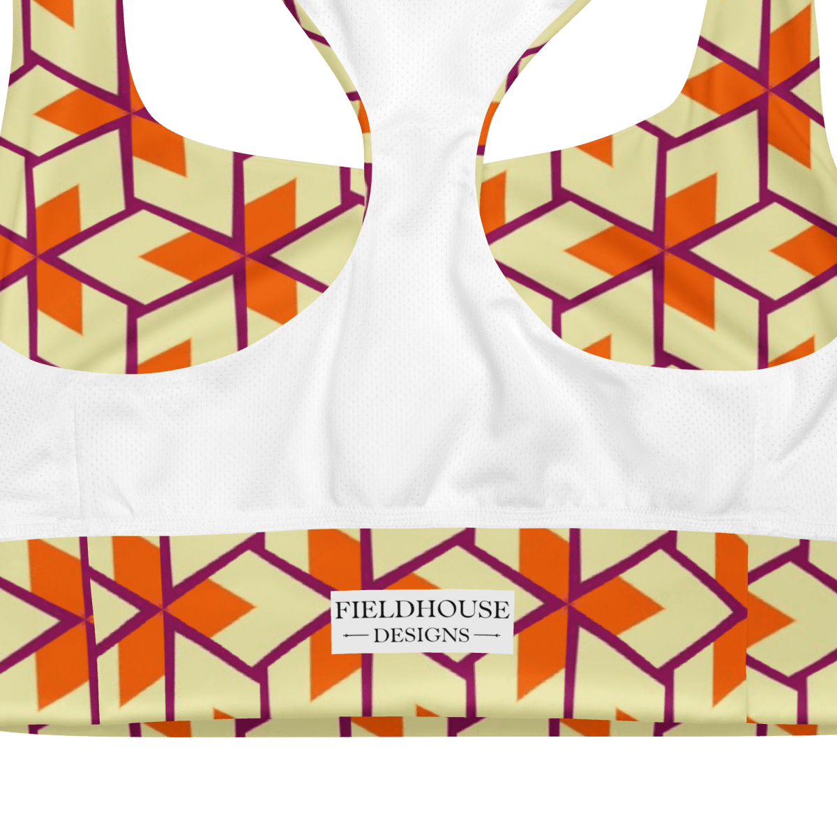 sports bra with geometric pattern and 'Fieldhouse Designs' branding.