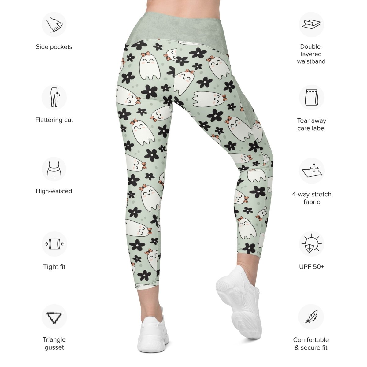 Leggings with ghost and flower pattern on a light green background, featuring text labels about product features.