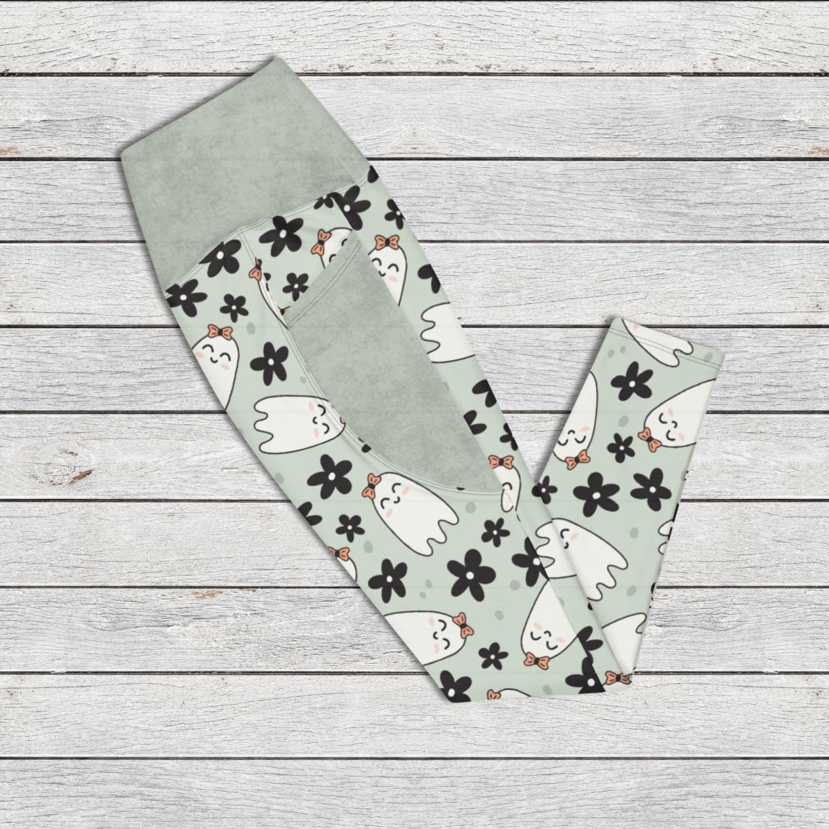 Sage Ghost Print Pocket Leggings – Pastel Halloween Vibes