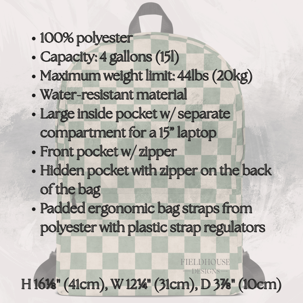 Backpack with checkered pattern and specifications listed on a textured gray background
