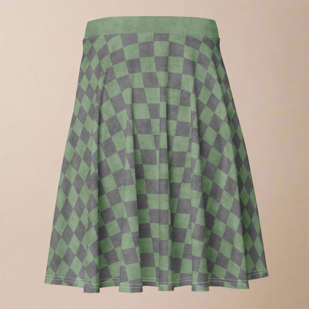 Green and gray checkered skirt on a beige background