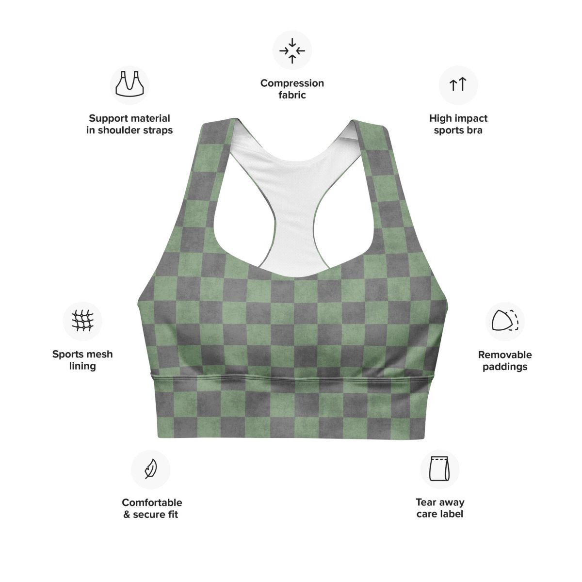Green and gray checkered sports bra with feature icons on a white background