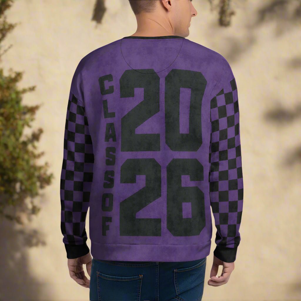 Purple checkered sleeve sweatshirt with 'Class of 2026' text on the back, worn by a person.