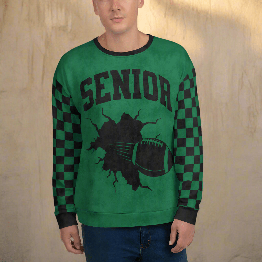 Green checkered sleeve sweatshirt with 'Senior' and football graphic on a neutral background