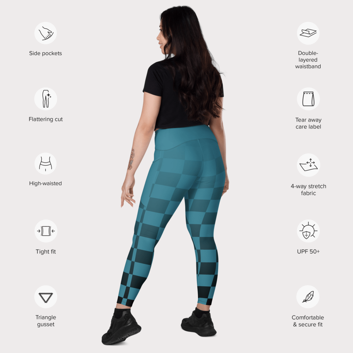 Woman wearing blue checkered leggings with feature icons on a white background