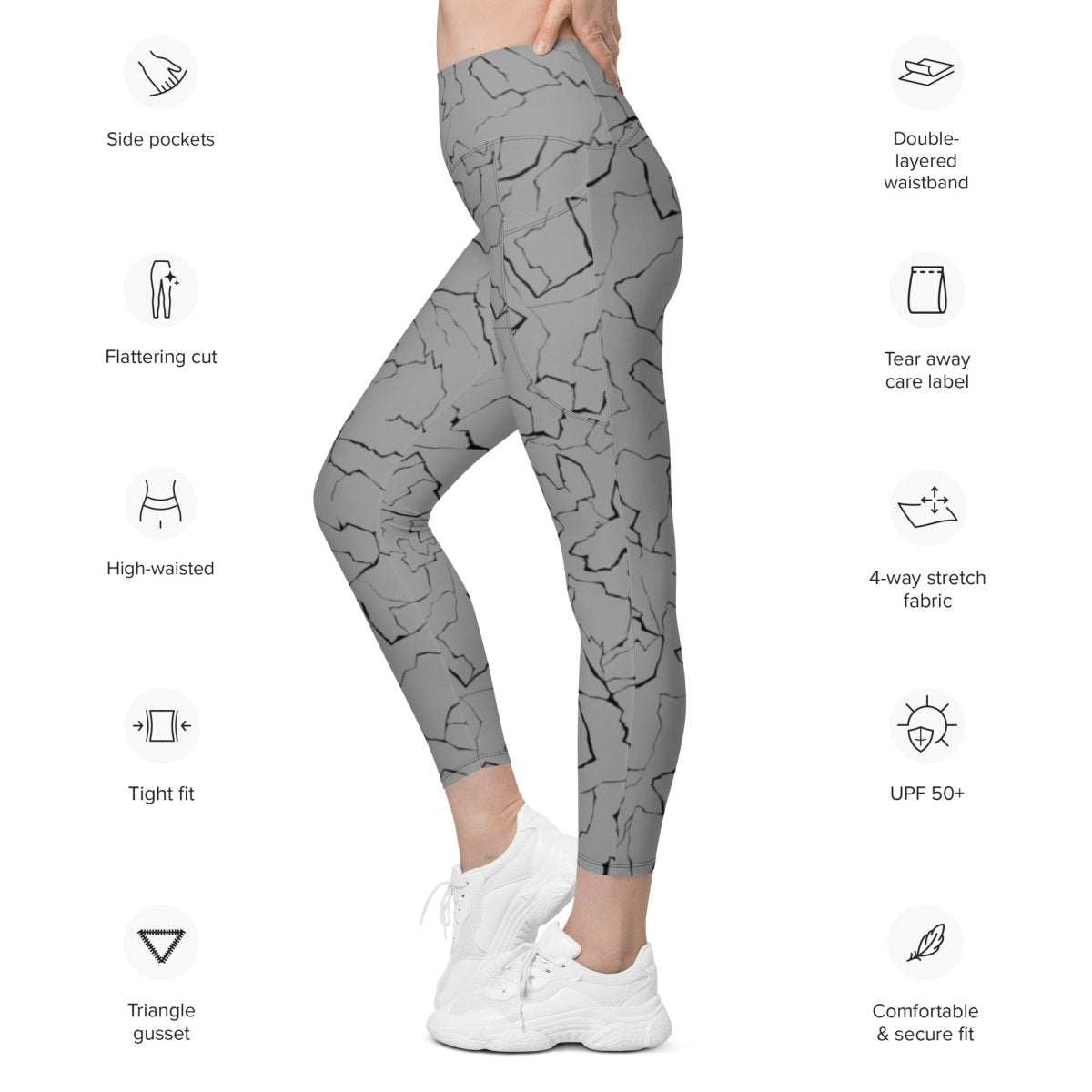 Gray patterned leggings with features listed on a white background