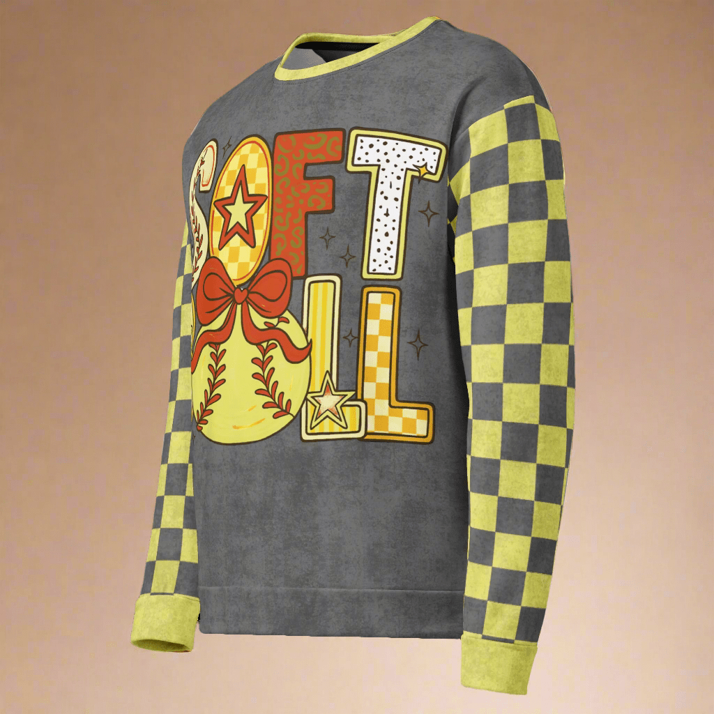 Sweatshirt with colorful lettering and checkered sleeves on a beige background