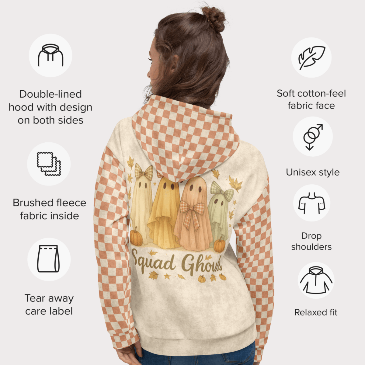 Person wearing a hoodie with ghost design and text, surrounded by icons and text describing features.