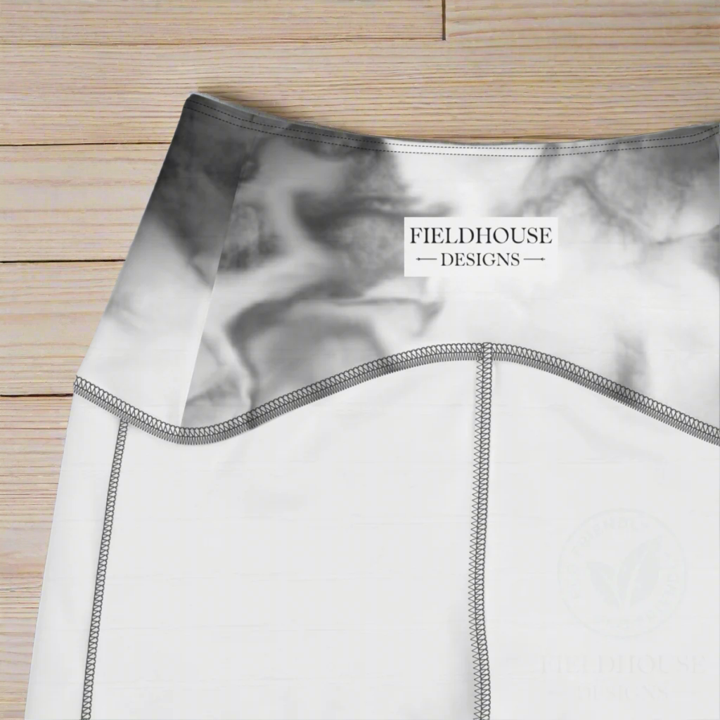 inside waistban of White Tie-Dye High-Waisted UPF 50+ Pocket Leggings 2XS–6XL - Monochrome Recycled Yoga Pants