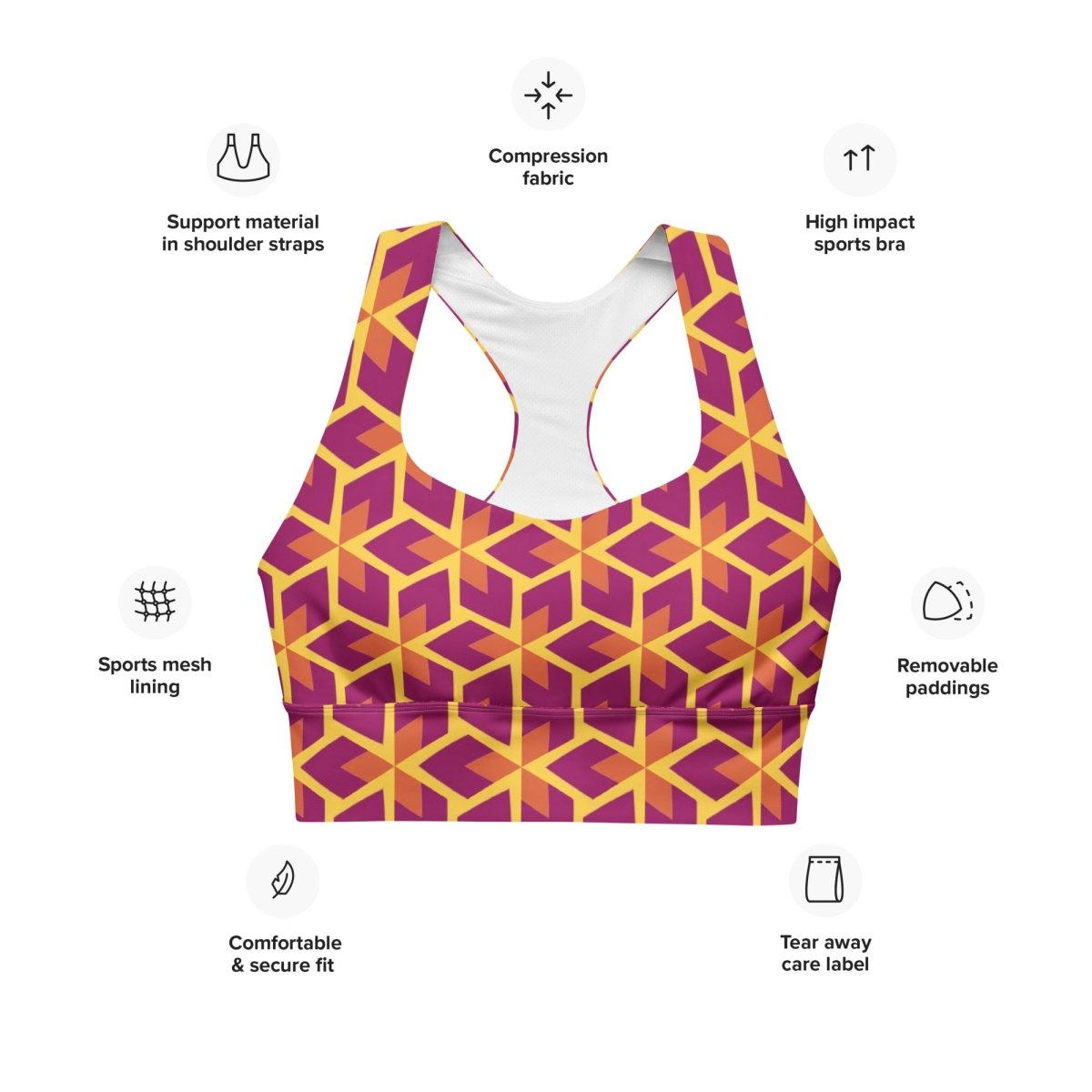 Purple Geometric Recycled Sports Bra XS - 3XL - Sports Bra