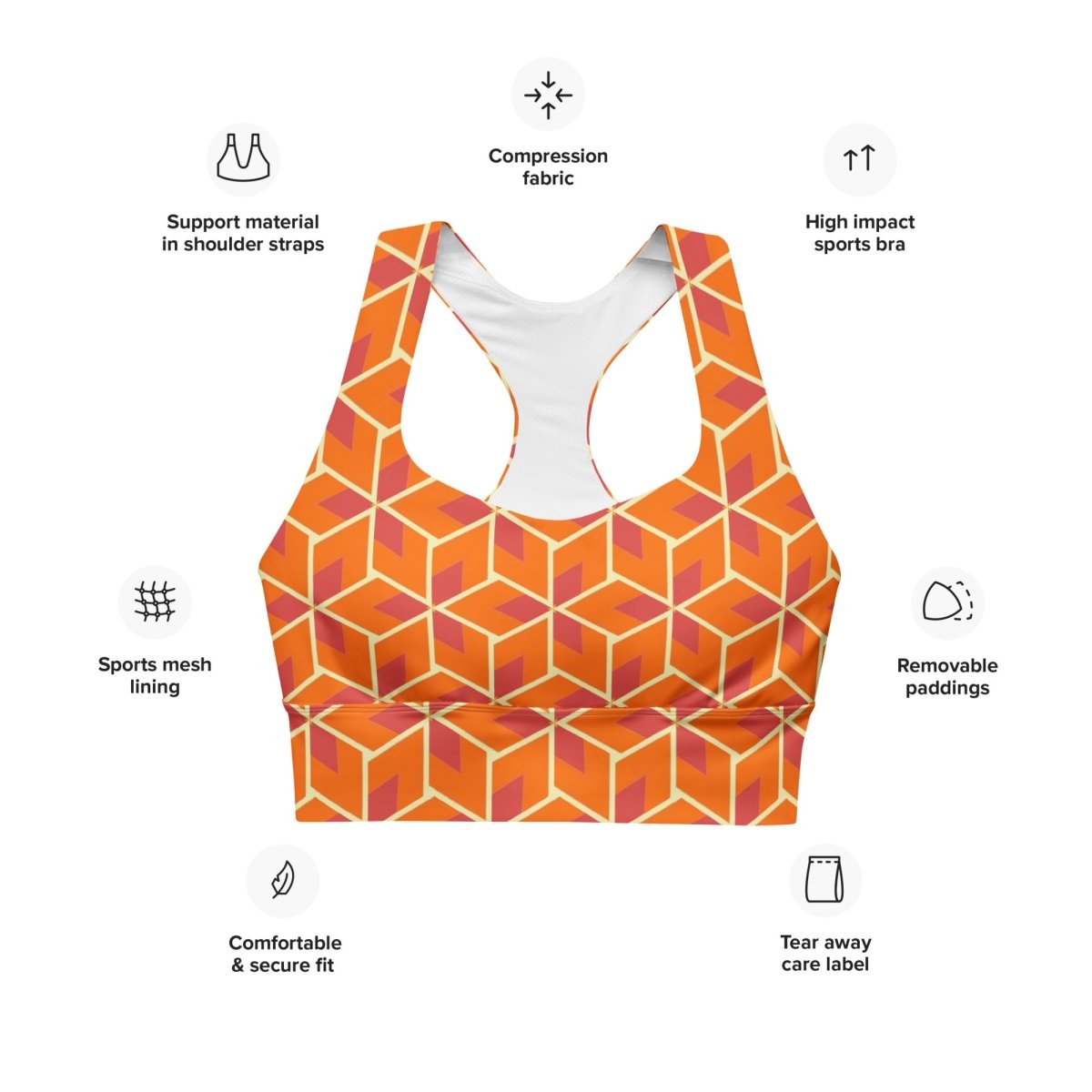 Orange Geometric Recycled Sports Bra XS - 3XL - Sports Bra