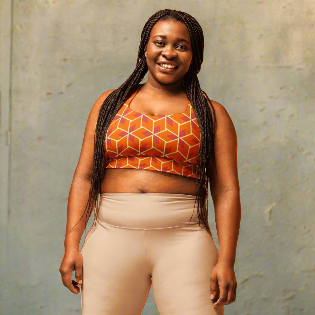 orange geometric sports bra
