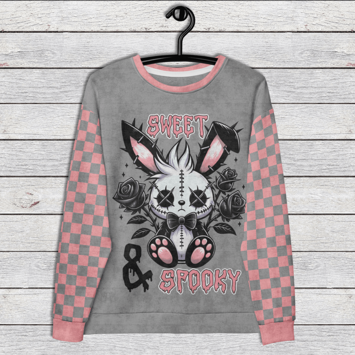 Sweet & Spooky Bunny Crewneck Sweatshirt – Grey Gothic Pink Checkered Sleeve Pullover