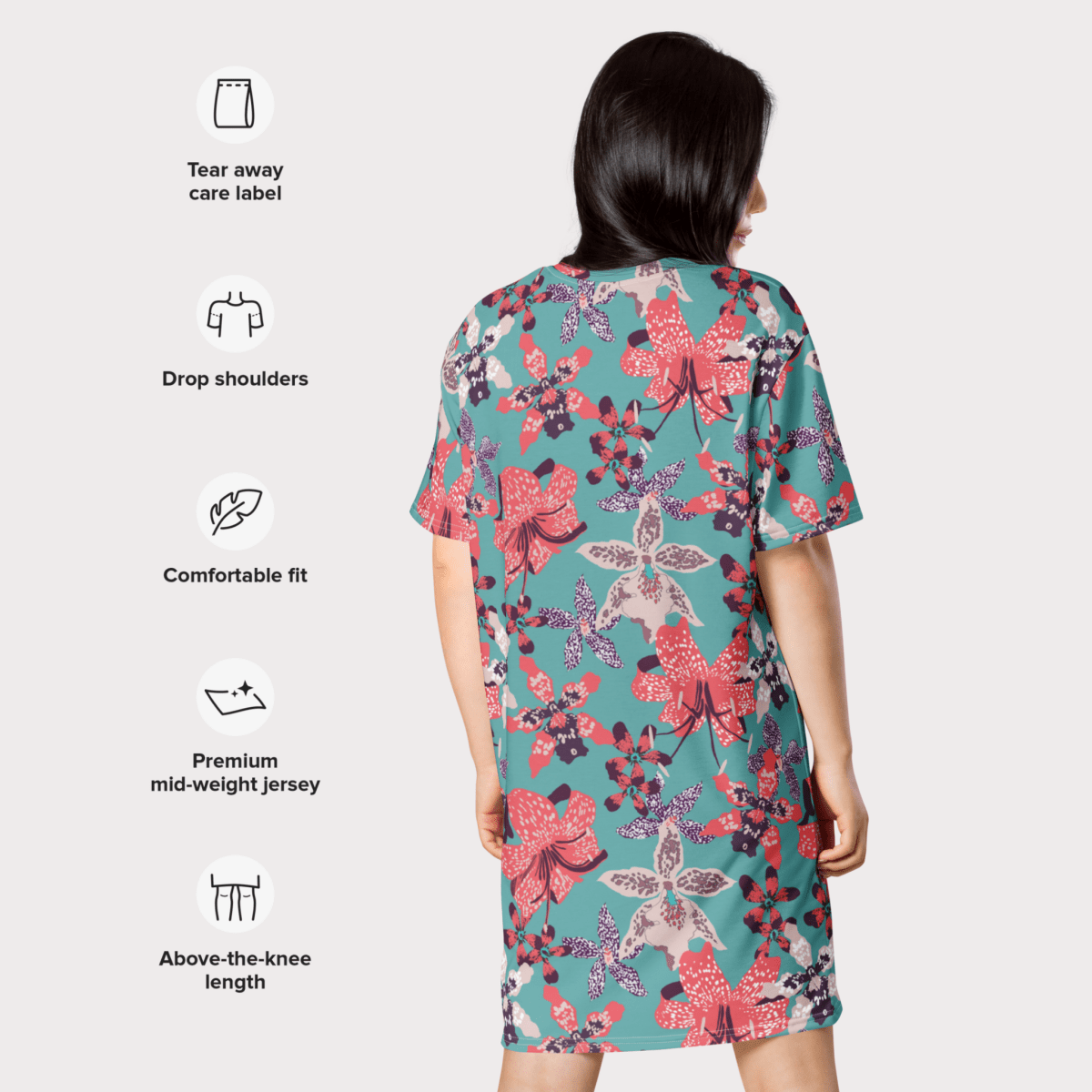 Teal and Coral Floral T-Shirt Dress – Bold Oversized Botanical Statement Dress