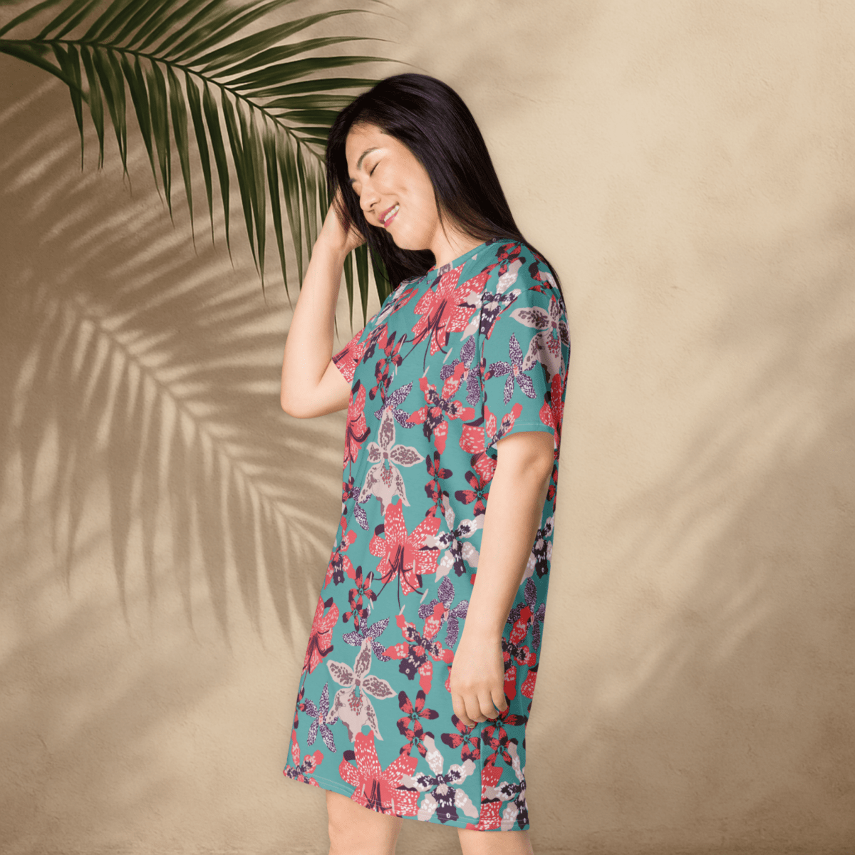 Teal and Coral Floral T-Shirt Dress – Bold Oversized Botanical Statement Dress