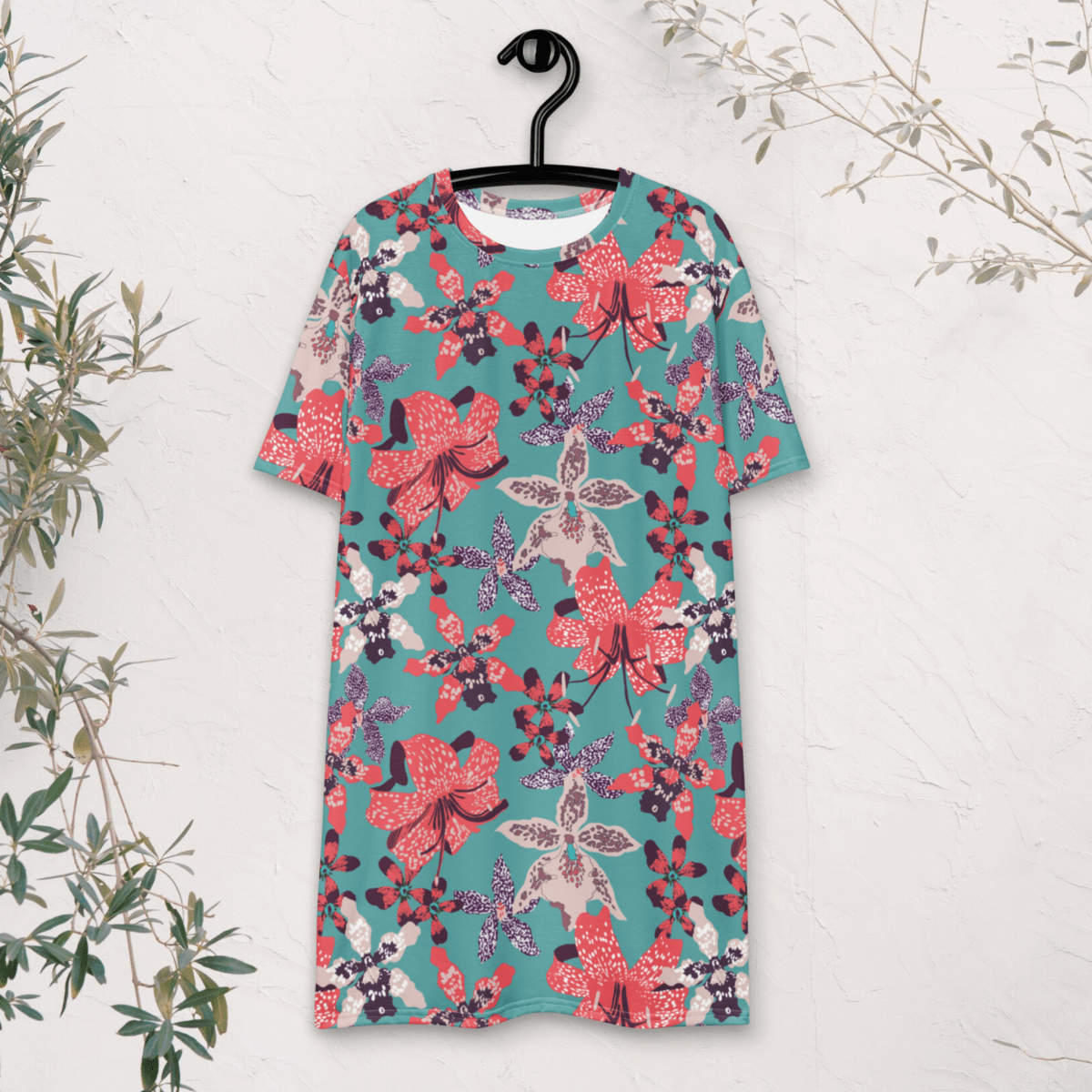 Teal and Coral Floral T-Shirt Dress – Bold Oversized Botanical Statement Dress