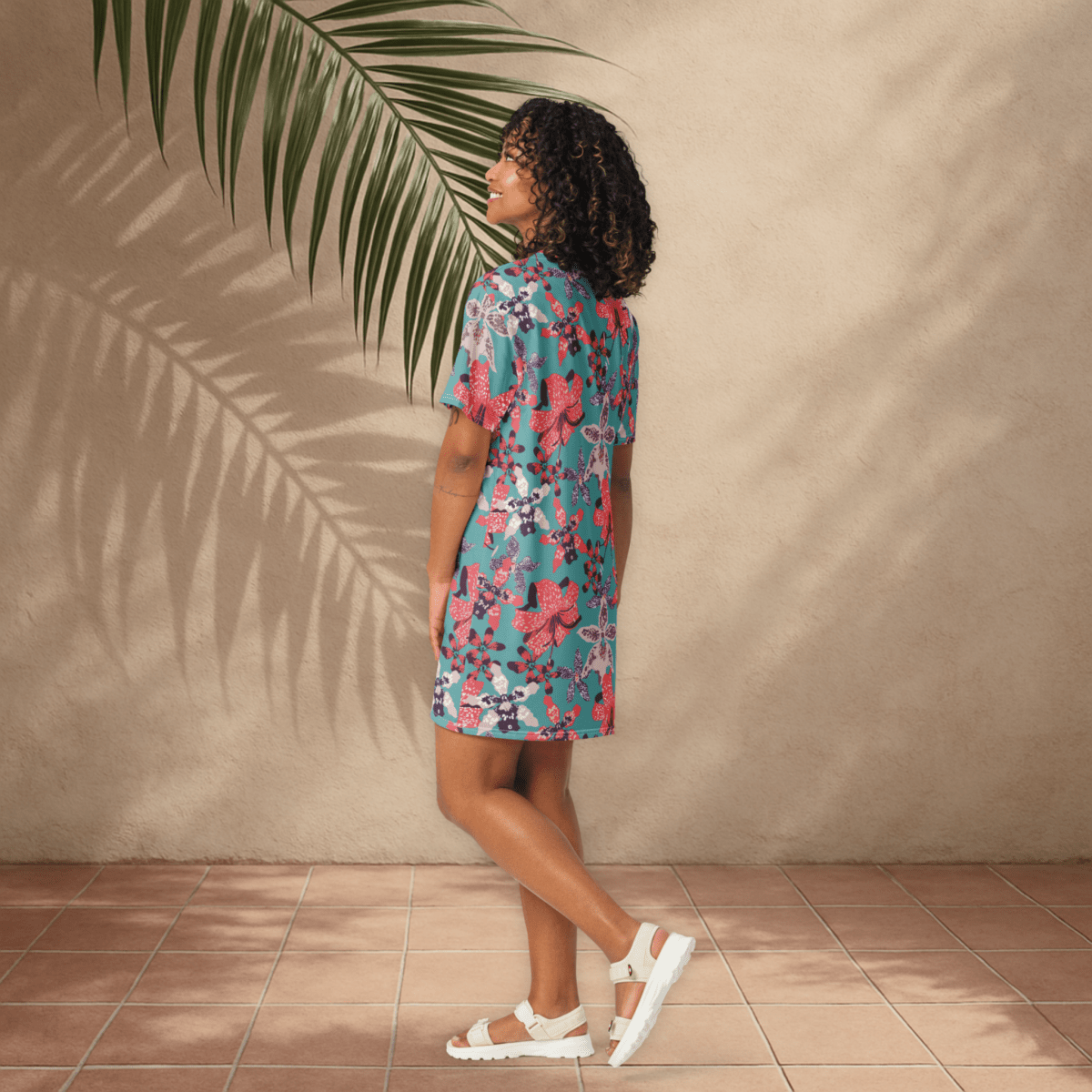 Teal and Coral Floral T-Shirt Dress – Bold Oversized Botanical Statement Dress