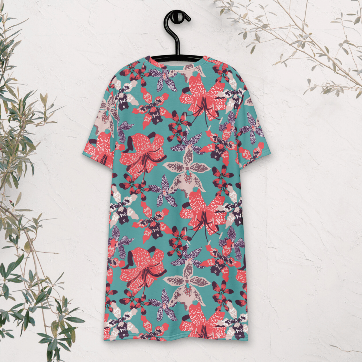 Teal and Coral Floral T-Shirt Dress – Bold Oversized Botanical Statement Dress