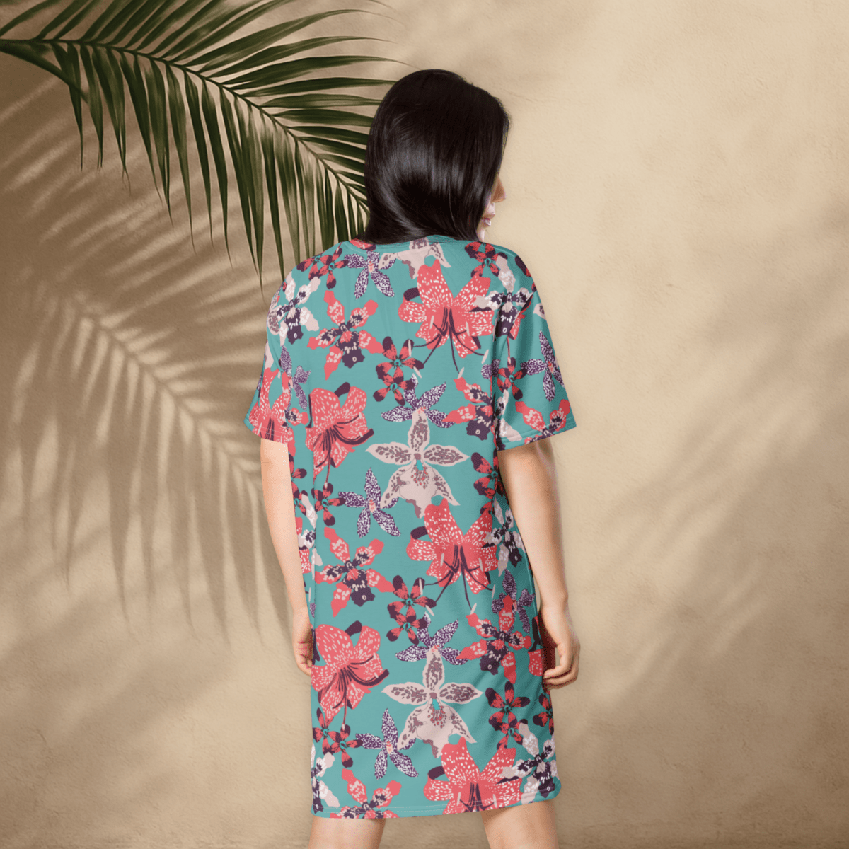 Teal and Coral Floral T-Shirt Dress – Bold Oversized Botanical Statement Dress