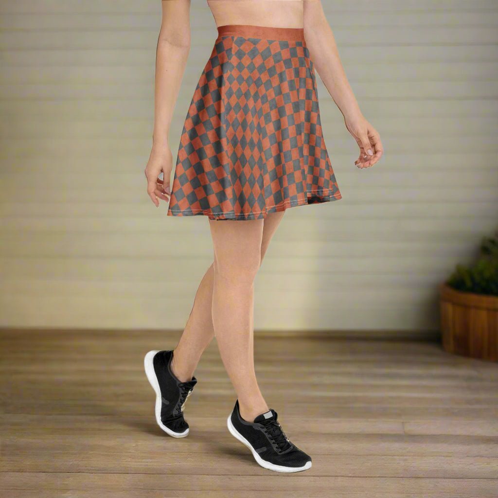 Person wearing a patterned skirt on a porch