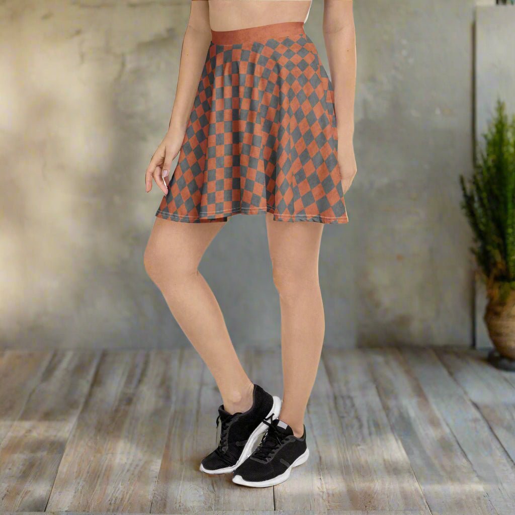 Person wearing a patterned skirt on a porch