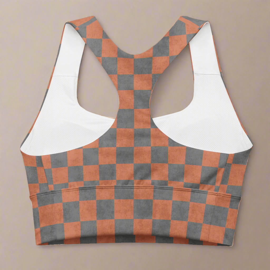 Checkered sports bra with racerback on a beige background