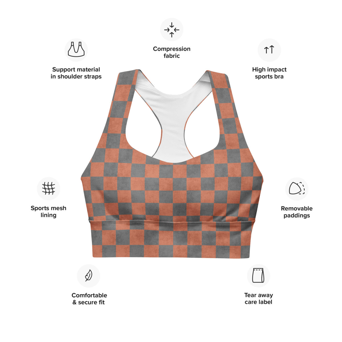 Checkered sports bra with features listed on a white background