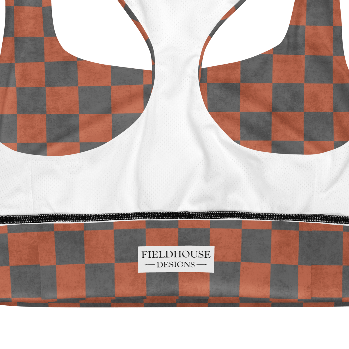 Checkered sports bra, featuring 'Fieldhouse Designs' label.
