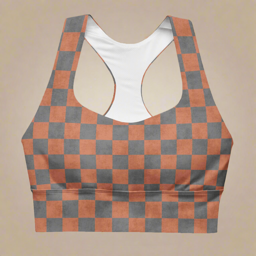 Checkered sports bra with a racerback on a neutral background
